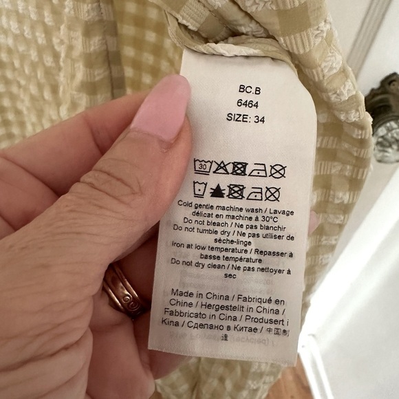 Ganni Beige Khaki Smocked Seersucker Gingham Cold Shoulder Dress, size 34 - Picture 12 of 14